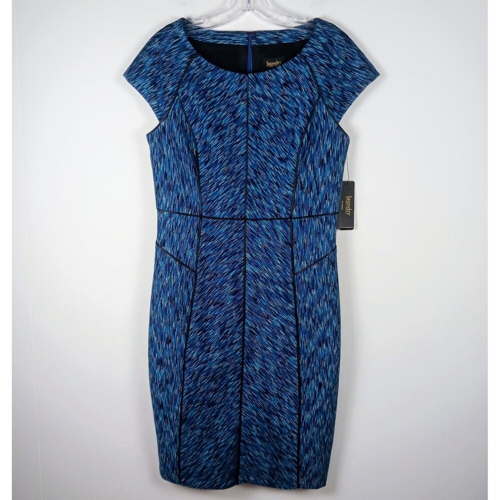 Laundry Shelli Segal Dress Blue Short Sleeves Sheath Knit Stretch Career Size 4